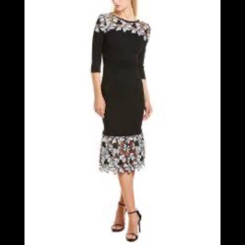 Black Floral Lace-Trim Midi Dress
